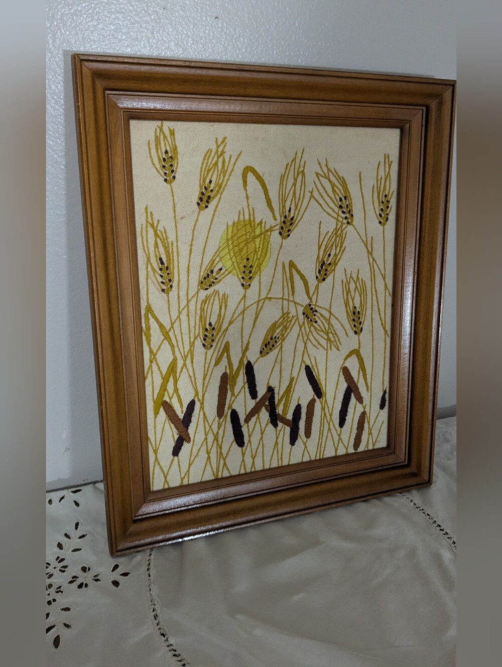 Vintage Crewel Embroidery Wall art Cattails and sunset